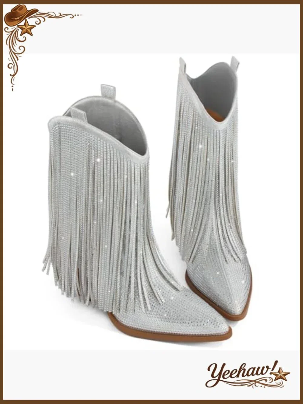 Pointed Toe Western Boots with Rhinestones and Fringe, Chunky Heel - Picture 5 of 6